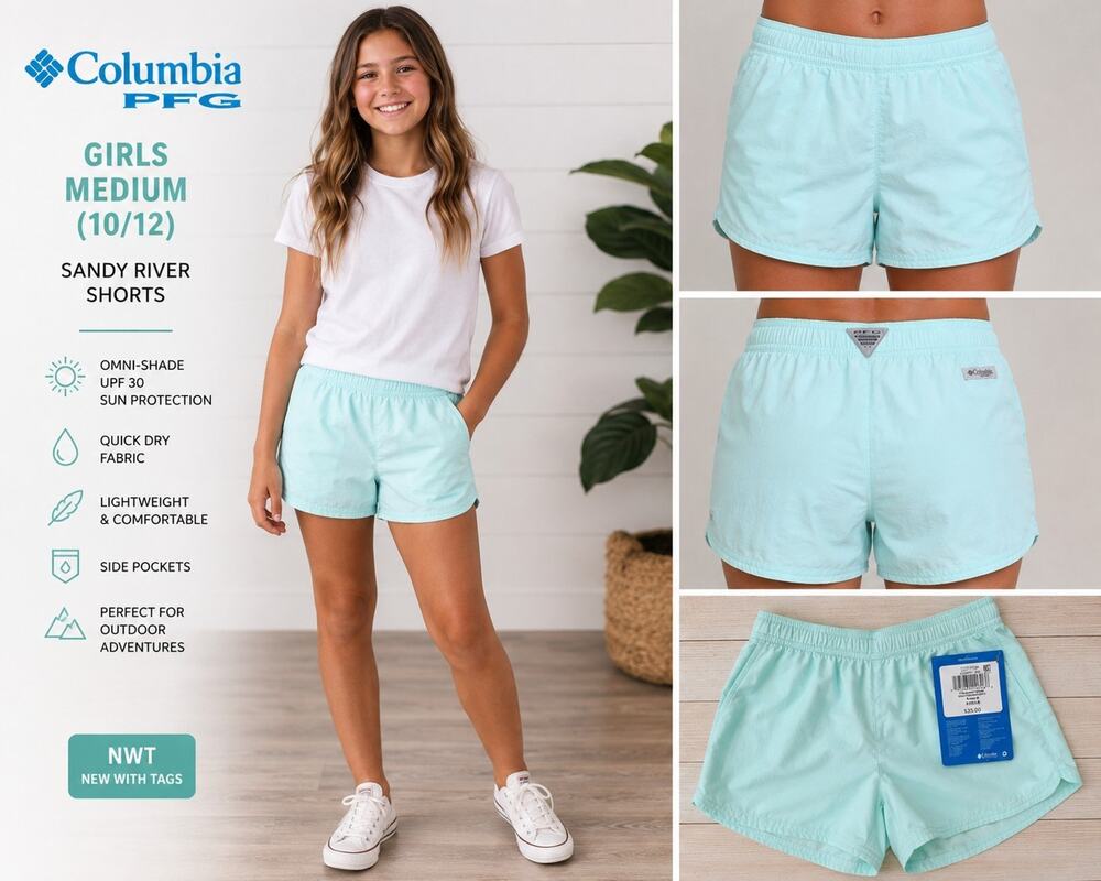 NWT Columbia PFG Girls Medium 10/12 Omni-Shade Sandy River Shorts Mint Green